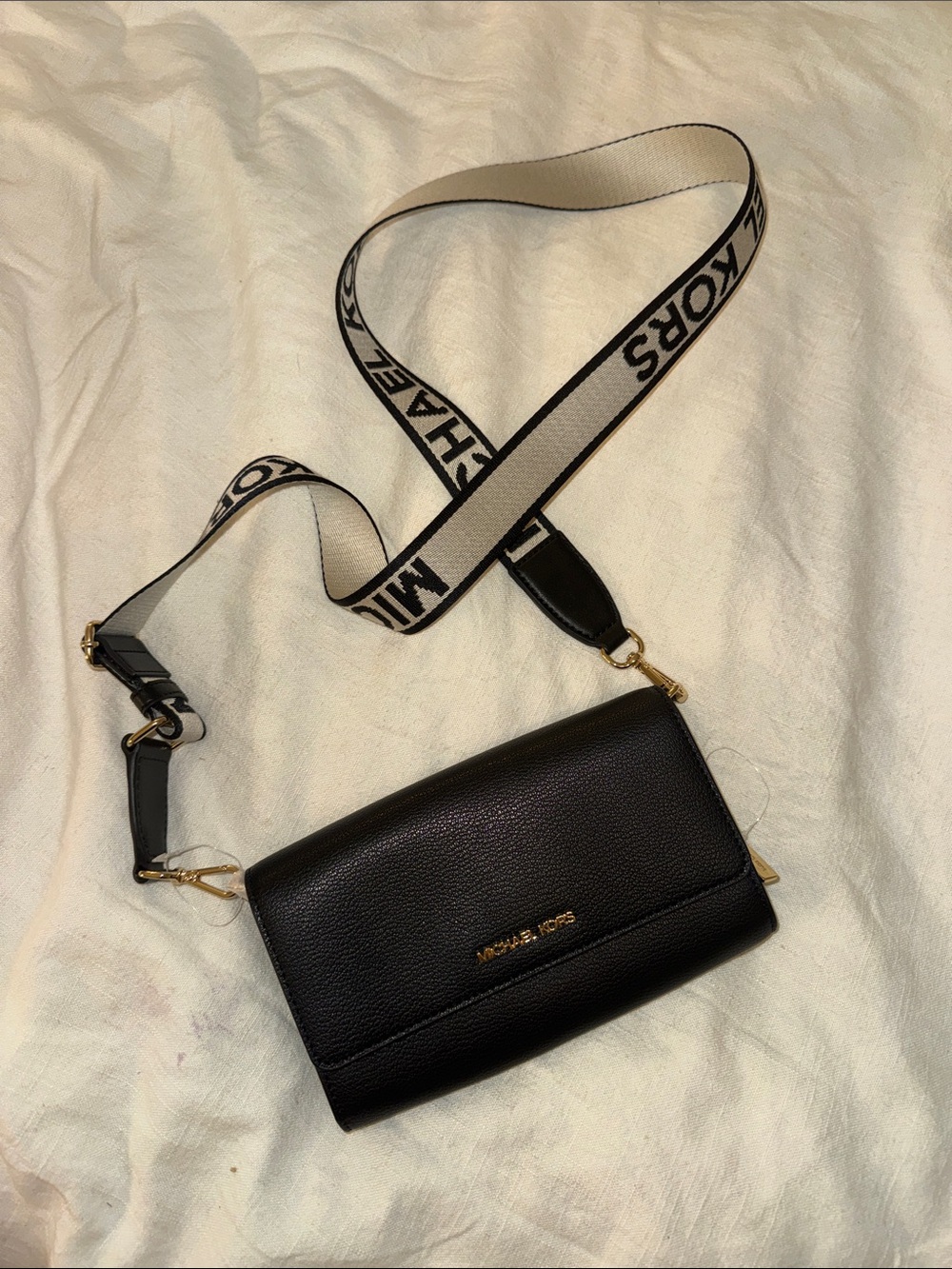Michael Kors Black Pebbled Leather Crossbody with Branded Cream/Black Strap